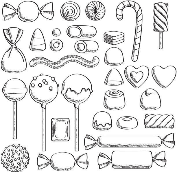 Sweets set. Assorted candies - sketch style. Black and white candies set - hard candy, chocolate bonbons, licorice, marshmallow twists, cake pops, dragee. Vector illustration in sketch style. Assorted sweets. heart worm stock illustrations