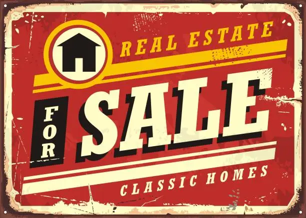 Vector illustration of Real estate for sale retro tin sign design layout