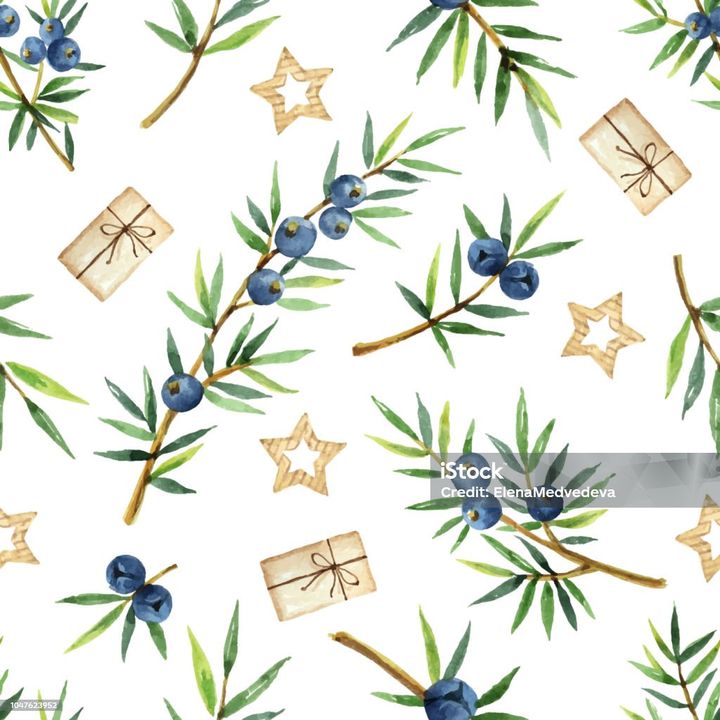 Watercolor seamless pattern of plants juniper and gifts isolated on white background. Watercolor seamless pattern of plants juniper and gifts isolated on white background. Botanical illustration with berries and branches. Christmas stock vector