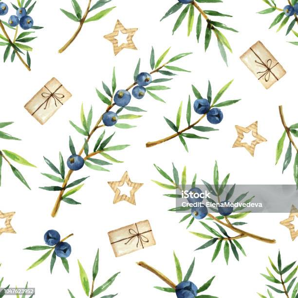 Watercolor Seamless Pattern Of Plants Juniper And Gifts Isolated On White Background Stock Illustration - Download Image Now
