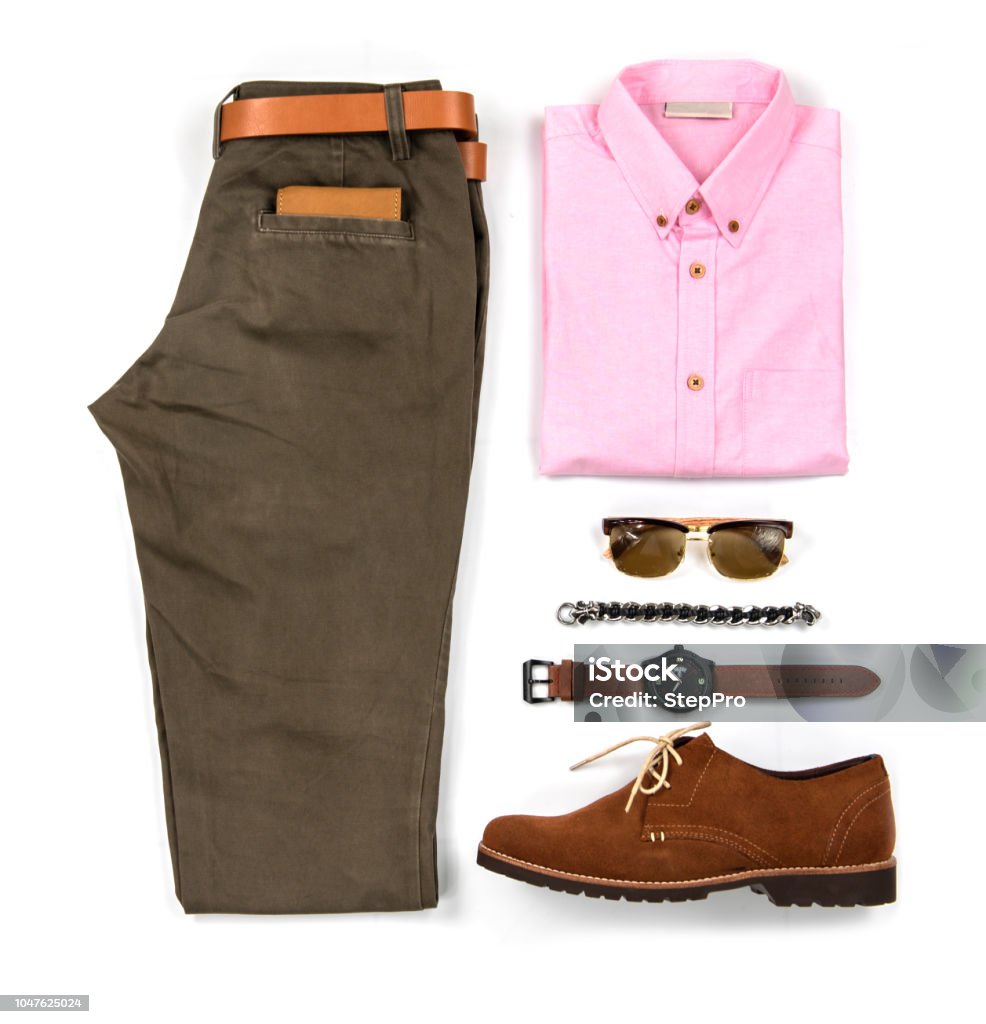 Mens Casual Outfits For Man Clothing With Brown Shoes Watch Belt Trousers  Pink Shirt Sunglasses And Bracelet Isolated On White Background Top View  Stock Photo - Download Image Now - iStock