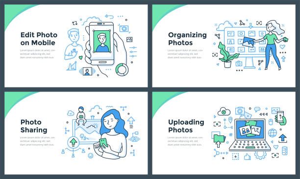 Sharing Photos Doodle Concepts Line illustrations of taking, editing, organizing & uploading photos online. Doodle vector concepts of sharing visual content for web banners, hero images or printed materials editor photos stock illustrations
