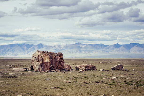 istock Tarkhatinsky megalithic complex. Steppe and blue mountains on the horizon. Altai Russia 1047628464