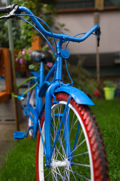 décoration rétro vélo bleu - bicycle ornamental garden flower formal garden photos et images de collection