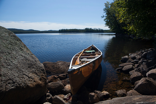 A Portuguese woman canoeing on a lake of the Laurentians,  Quebec, during a sunrise of summer.