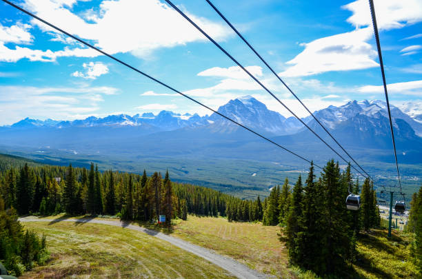 télécabine de la station de ski lake louise et de la chaîne de montagnes à l’automne, parc national banff, les rocheuses canadiennes, alberta, canada - banff gondola photos et images de collection