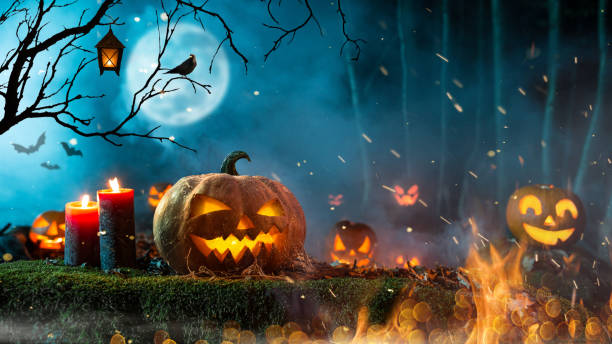 istock Halloween pumpkins on dark spooky forest. 1047635698