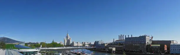 Panoramic view of Moscow river with skyscraper on skyline