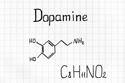 Chemical formula of Dopamine. Close-up.