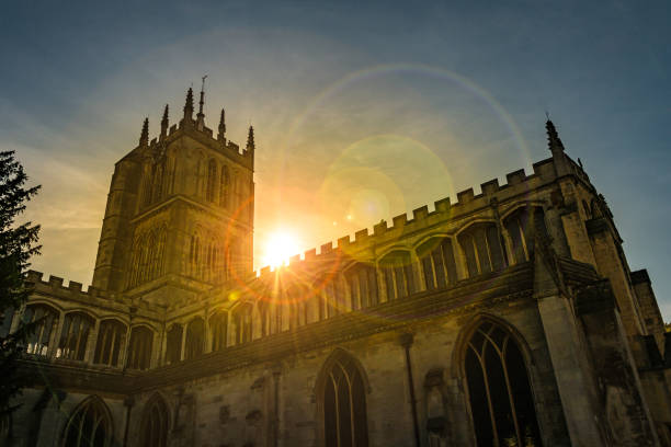 Sun over Saint Marys Church in Melton Mowbray Saint Marys Church in the town of Melton Mowbray in Leicestershire marys stock pictures, royalty-free photos & images