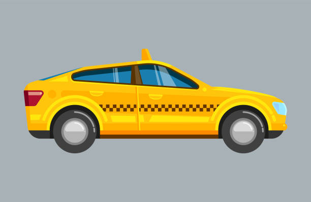sedan taxi. żółty samochód osobowy uber z kontrolerami na widok z boku wektor pojazdu miejskiego - cartoon city town car stock illustrations