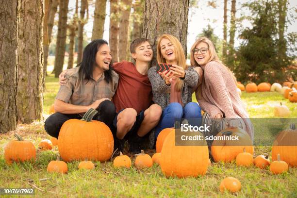 Family At Pumpkin Farm Laughing At Selfie On Cell Phone Stock Photo - Download Image Now