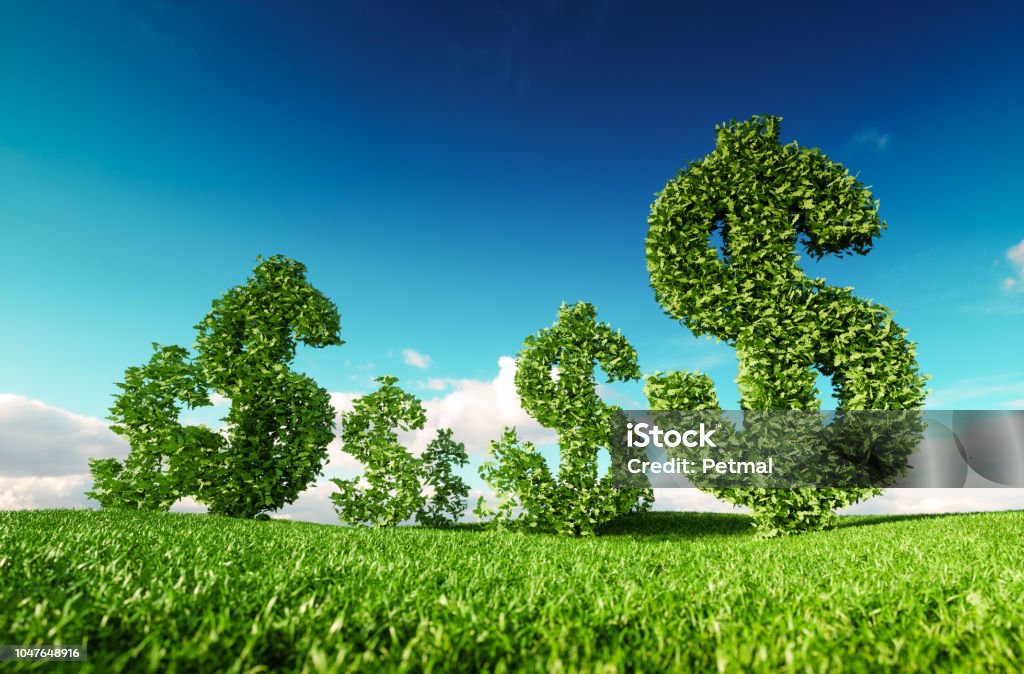 Eco friendly business, green profit, growing money and  sustainable economy concept. 3d rendering of green dollar icon on fresh spring meadow with blue sky in background. Currency Stock Photo