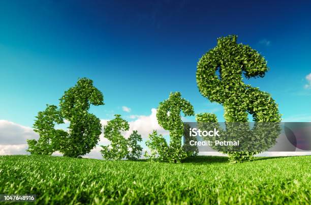 Eco Friendly Business Green Profit Growing Money And Sustainable Economy Concept 3d Rendering Of Green Dollar Icon On Fresh Spring Meadow With Blue Sky In Background Stock Photo - Download Image Now