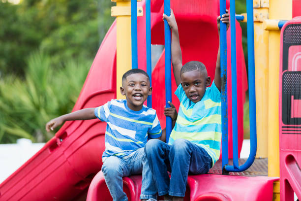 istock Two African-American boys, brothers, on playground slide 1047652282