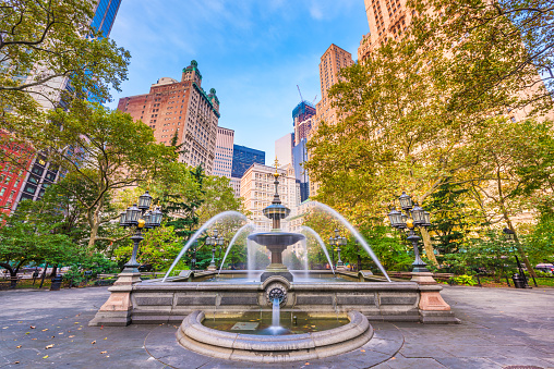 New York, New York, USA at City Hall Park Fountain.