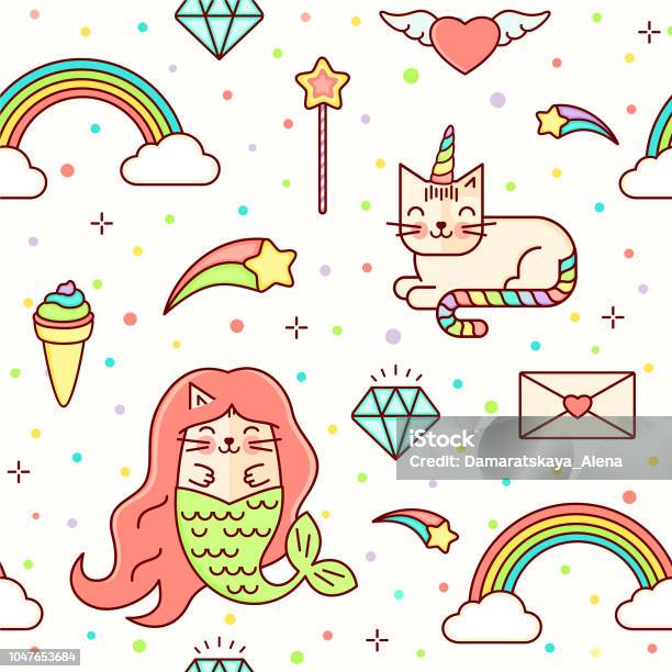 Seamless Vector Magic Baby Background With Unicorn Mermaid Star Diamond Catcorn Cloud And Rainbow Kids Line Style Illustration With Dreaming Magic Kitty Bright Colored Pattern For Children Stock Illustration - Download Image Now