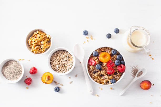 istock healthy granola for breakfast with berry fruit nut, vegan milk 1047657056