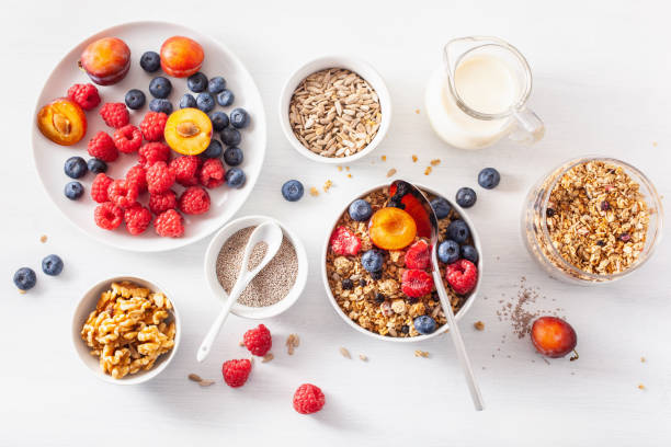 istock healthy granola for breakfast with berry fruit nut, vegan milk 1047657422