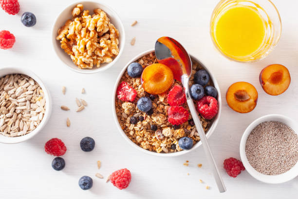 istock healthy granola for breakfast with berry fruit nut, vegan milk 1047657784
