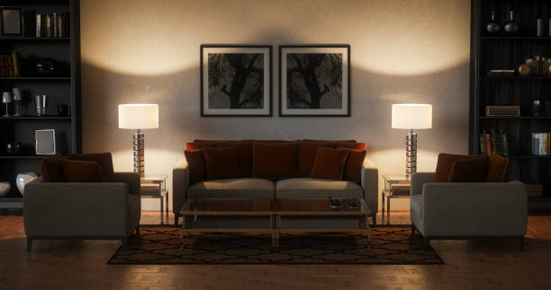 moderne wohnzimmer - abend (17:9) - coffee table living room indoors comfortable stock-fotos und bilder