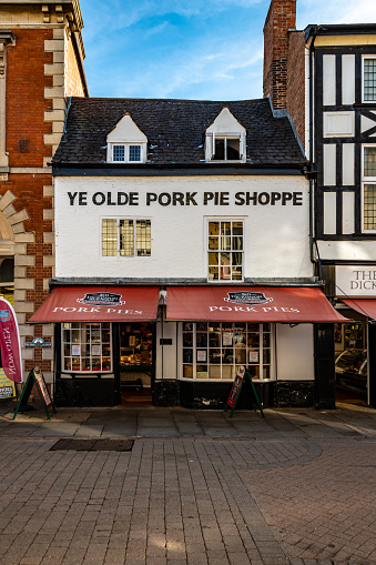 Melton Mowbray, UK. 29 September 2018. The exterior of the famous and historic 1851 'Ye Olde Pork Pie Shoppe' pie shop on the high street of Melton Mowbray in Leicestershire.