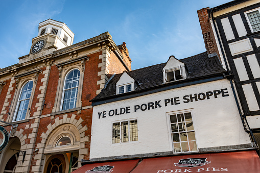 Melton Mowbray, UK. 29 September 2018. The exterior of the famous and historic 1851 'Ye Olde Pork Pie Shoppe' pie shop on the high street of Melton Mowbray in Leicestershire.