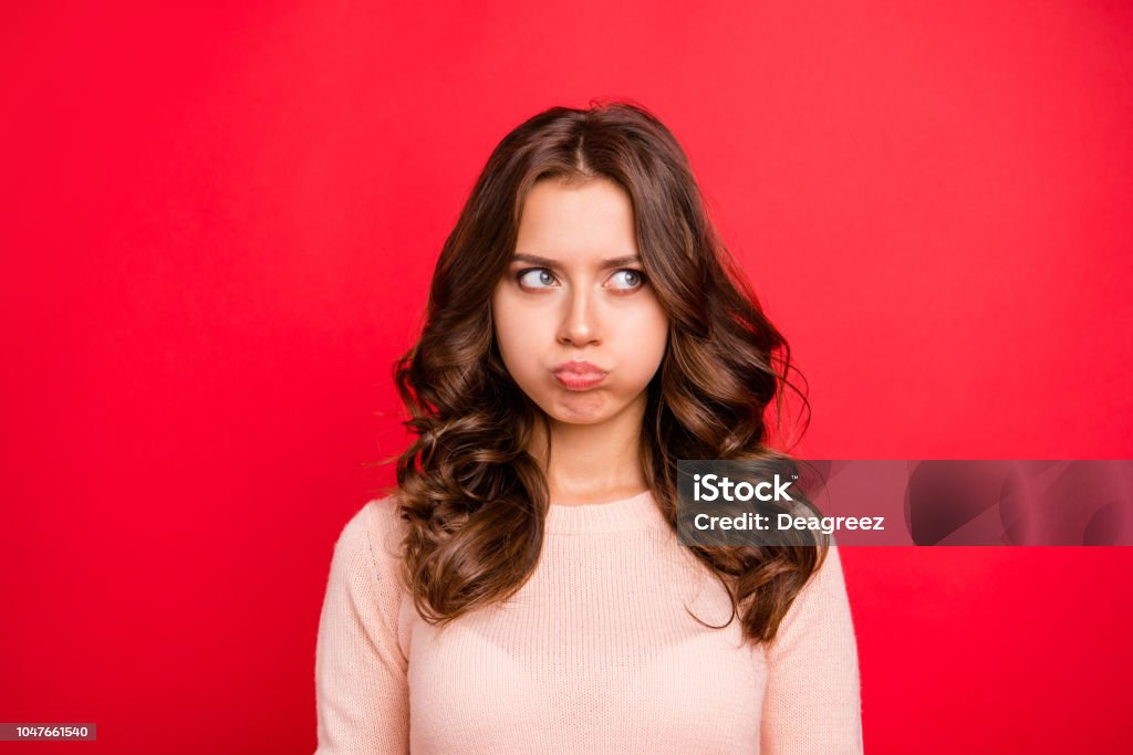 Bad Mood Concept Close Up Portrait Of Lovable Fascinating Cute Sweet Lady Look Aside With Big Air Cheeks Modern Hairstyle Isolated On Vivid Red Background Stock Photo - Download Image Now - iStock Bad Mood Concept Close Up Portrait Of Lovable Fascinating Cute Sweet Lady Look Aside With Big Air Cheeks Modern Hairstyle Isolated On Vivid Red Background Stock Photo - Download Image Now - iStock