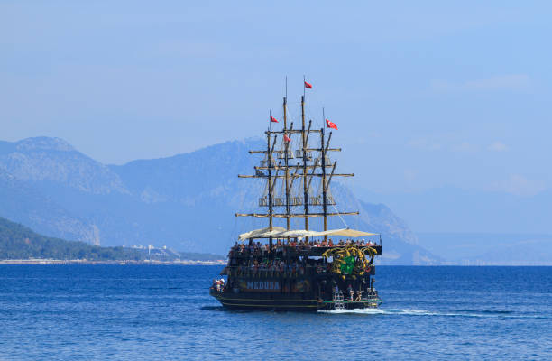 Kemer, Turkey - June 20, 2018: Pirate frigate sails by sea in Kemer,Turkey