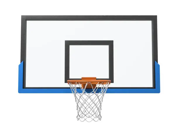 3d rendering of a basketball hoop with an empty basket and transparent backboard. Basketball equipment. Street sport. Exercise and games.
