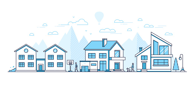 Town life - modern thin line design style vector illustration on white background. Blue colored composition, landscape with facades of cottage houses, basketball hoop, trees, people walking, mountains