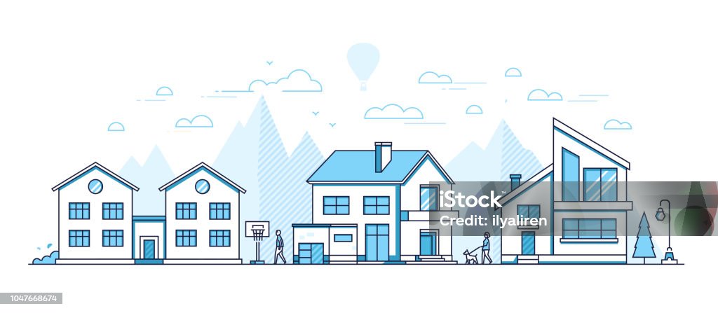 Town life - modern thin line design style vector illustration Town life - modern thin line design style vector illustration on white background. Blue colored composition, landscape with facades of cottage houses, basketball hoop, trees, people walking, mountains House stock vector