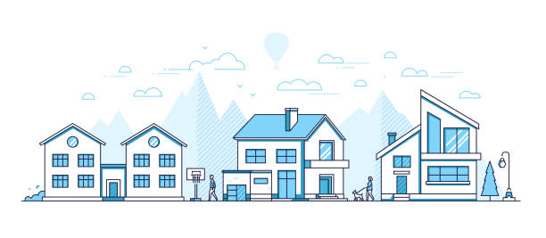 Town life - modern thin line design style vector illustration Town life - modern thin line design style vector illustration on white background. Blue colored composition, landscape with facades of cottage houses, basketball hoop, trees, people walking, mountains blue house stock illustrations