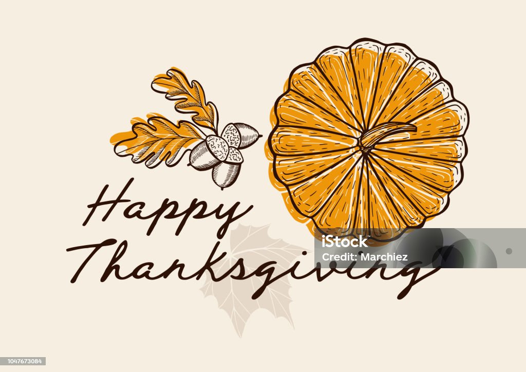 Happy thanksgiving day background with lettering and illustrations. Happy thanksgiving background with colorful autumn vegetables vector illustration poster for holiday celebration. Design banner with vintage lettering and hand-drawn pumpkin, maple. Thanksgiving - Holiday stock vector