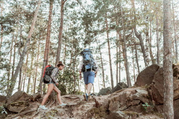 istock Young active couple with heavy backpacks enjoying nice hiking trail greatly 1047677106