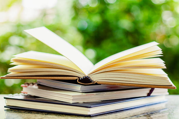 istock Stack of opened books against blurred natural green background for education concept 1047677292