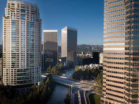 Aerial drone shot of a Century City skyscrapers.