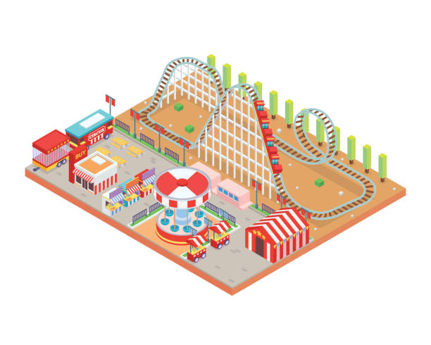 ilustraciones, imágenes clip art, dibujos animados e iconos de stock de moderno circo aislado y parque de atracciones de dibujos animados ilustración - rollercoaster carnival amusement park carousel