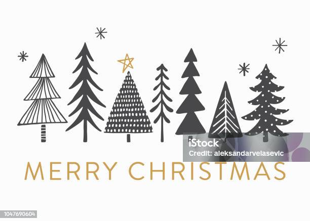 Holiday Card With Christmas Trees Stock Illustration - Download Image Now - Christmas, Illustration, Black And White