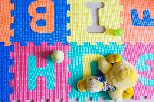 high view of colorful mats with letters of the alphabet and puppet gosling