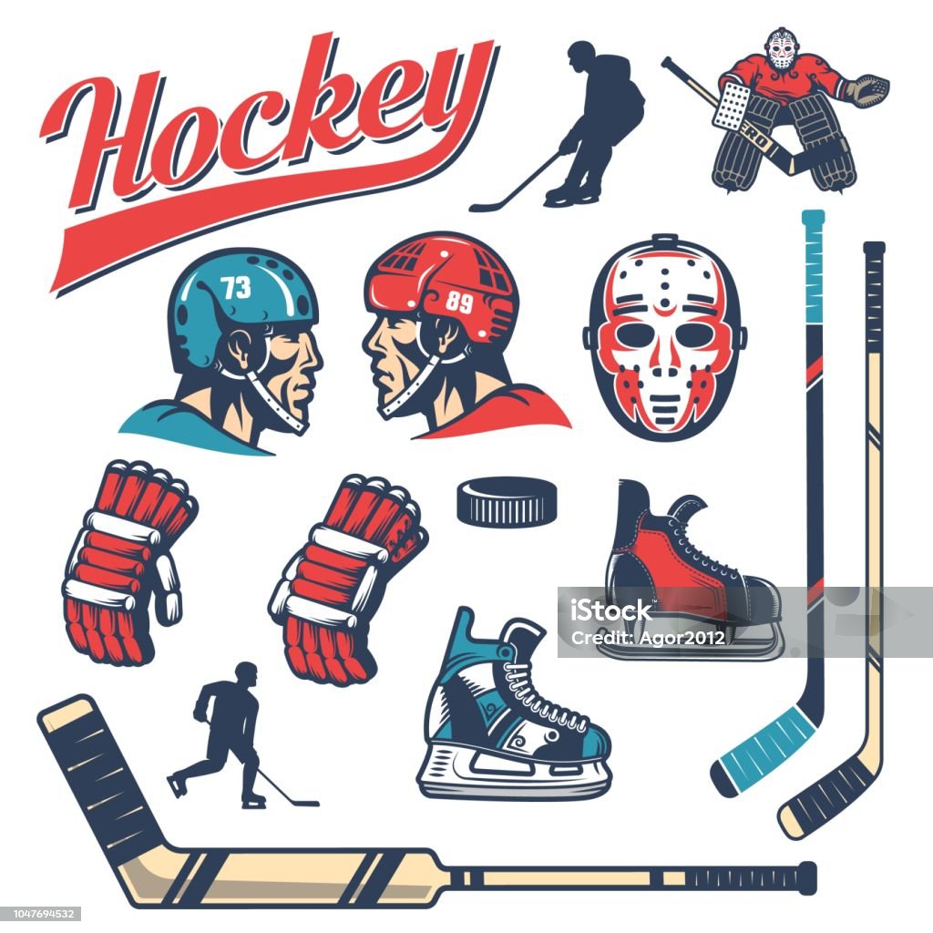 Set of hockey design elements in retro style Set of hockey equipment in retro style: player head in helmet, gloves, sticks, vintage goalie mask, goalkeeper, puck, skates, silhouettes. Hockey stock vector