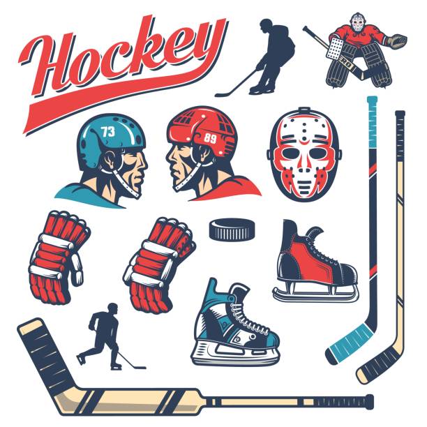 Set of hockey design elements in retro style Set of hockey equipment in retro style: player head in helmet, gloves, sticks, vintage goalie mask, goalkeeper, puck, skates, silhouettes. hockey stock illustrations