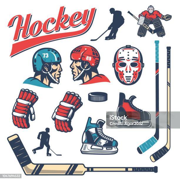 Set Of Hockey Design Elements In Retro Style Stock Illustration - Download Image Now - Hockey, Vector, Ice Skate