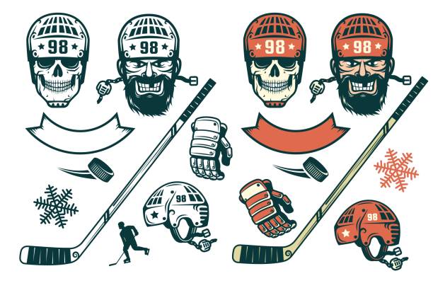 Set of hockey elements in retro style Set of hockey elements in retro style -  bearded player, skull in a helmet,  stick, puck,  silhouette,  glove,  snowflake. Monochrome and color version. hockey stock illustrations