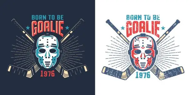 Vector illustration of Hockey retro mask with crossed sticks and sunburst