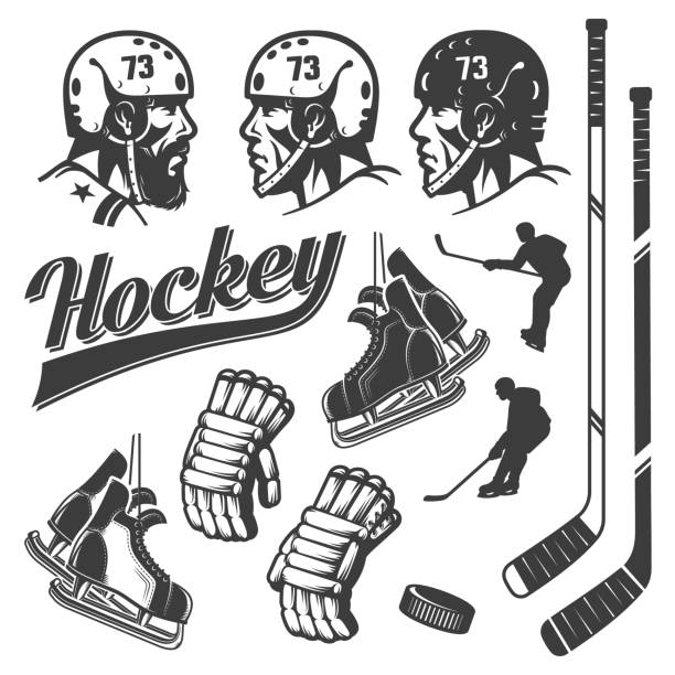 hockey design elements in vintage retro style Set of hockey design elements in vintage retro style. Head in helmet, stick, gloves, skates, puck and silhouettes of hockey players in the game. sports glove stock illustrations