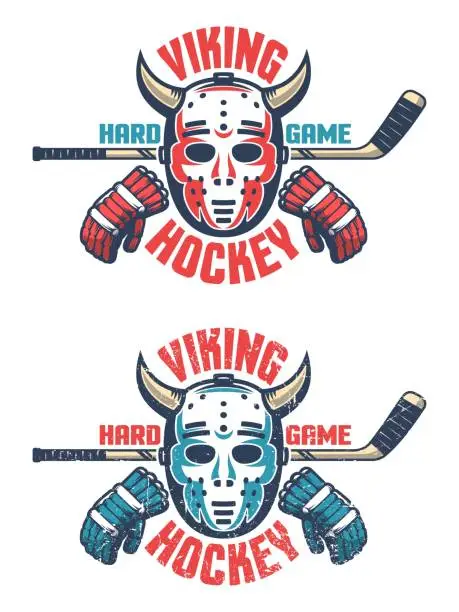 Vector illustration of Oldschool hockey emblem -  retro goalie mask with horns, stick, gloves and an inscription Viking Hockey