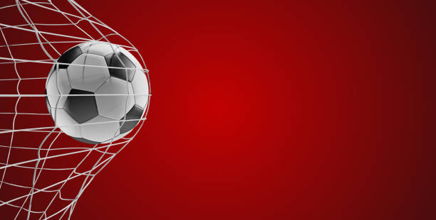 soccer ball soccer goal 3d-illustration on red stock photo