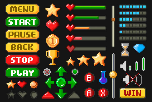 illustrazioni stock, clip art, cartoni animati e icone di tendenza di elemento della schermata di gioco pixel impostato su nero - symbol sign computer icon change