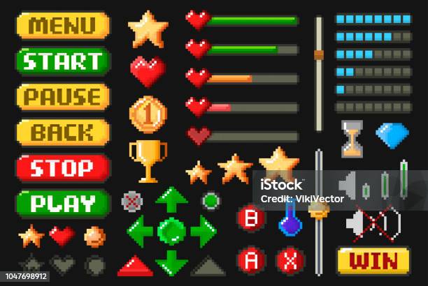 Pixel Game Screen Element Set On Black Stock Illustration - Download Image Now - Video Game, Leisure Games, Pixelated